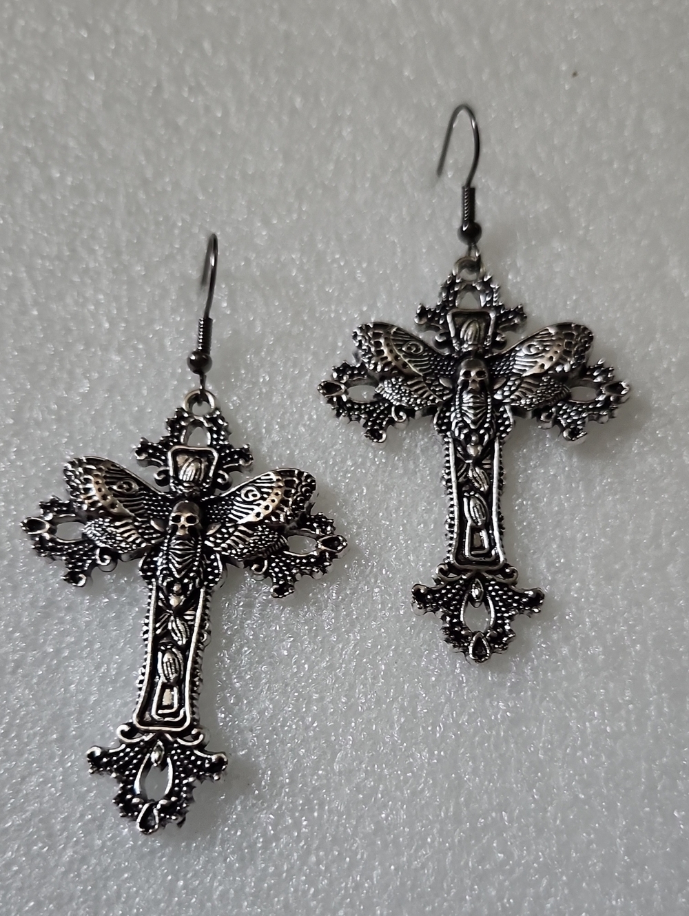 Hand Crafted Silver Gothic Moth Cross Drop Earrings